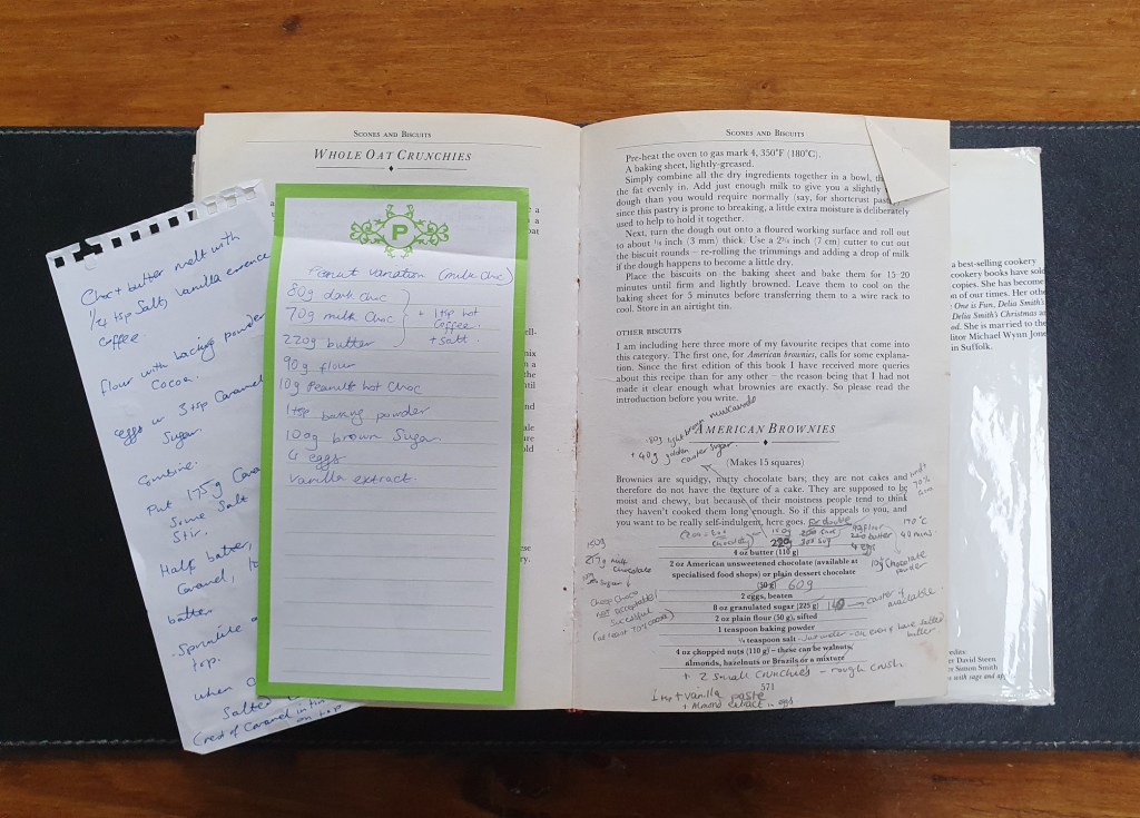 Delia Smith' Complete Cookery Course brownie recipe - marked up in pencil.